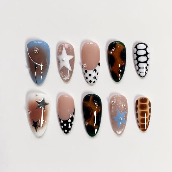 Y2k Tortoise Press on nails long almond nails/Polka Dot Nails/Star Nails/Cat eye nails/Aura Nails/Gyaru nails/Birthday Y2K Nails/Croc Nails