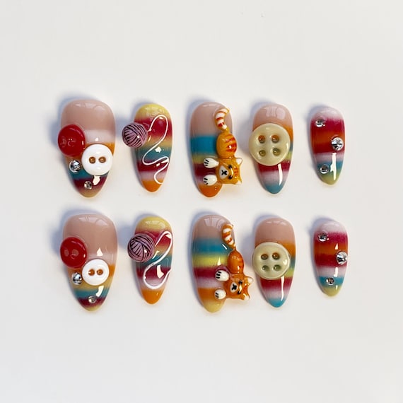 Playful Cat nails/Cute Kitten Press on nails Long almond nails/Rainbow nails/Cute nails/Christmas nails/Yarn Holiday nails/Winter Nails