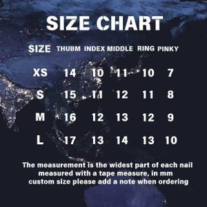 May include: A size chart for nails, with measurements in millimeters. The chart includes sizes XS, S, M, and L, with corresponding measurements for thumb, index, middle, ring, and pinky fingers. The text "SIZE CHART" is at the top.