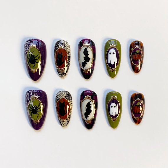 Halloween Nails/Tortoiseshell Nails/Bat nails/spider web nails/Gothic Nails/Halloween Press on nails long nails/Amber Brown Cat's Eye Nails