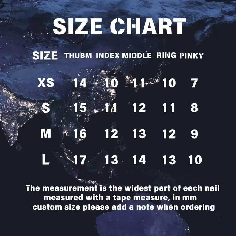 K&ouml;nnte beinhalten: Eine Gr&ouml;&szlig;entabelle f&uuml;r N&auml;gel mit Ma&szlig;en in Millimetern. Die Gr&ouml;&szlig;en XS, S, M und L sind aufgef&uuml;hrt, mit entsprechenden Ma&szlig;en f&uuml;r Daumen, Zeigefinger, Mittelfinger, Ringfinger und kleinen Finger. Der Text erkl&auml;rt die Messmethode.