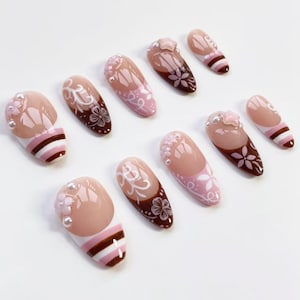 Cute Kawaii Nails/Pink Brown Striped French nails/Flower Nails/Holiday nails/Pink Press on nails Long almond nails/Y2k Nails/Holiday Nails image 8