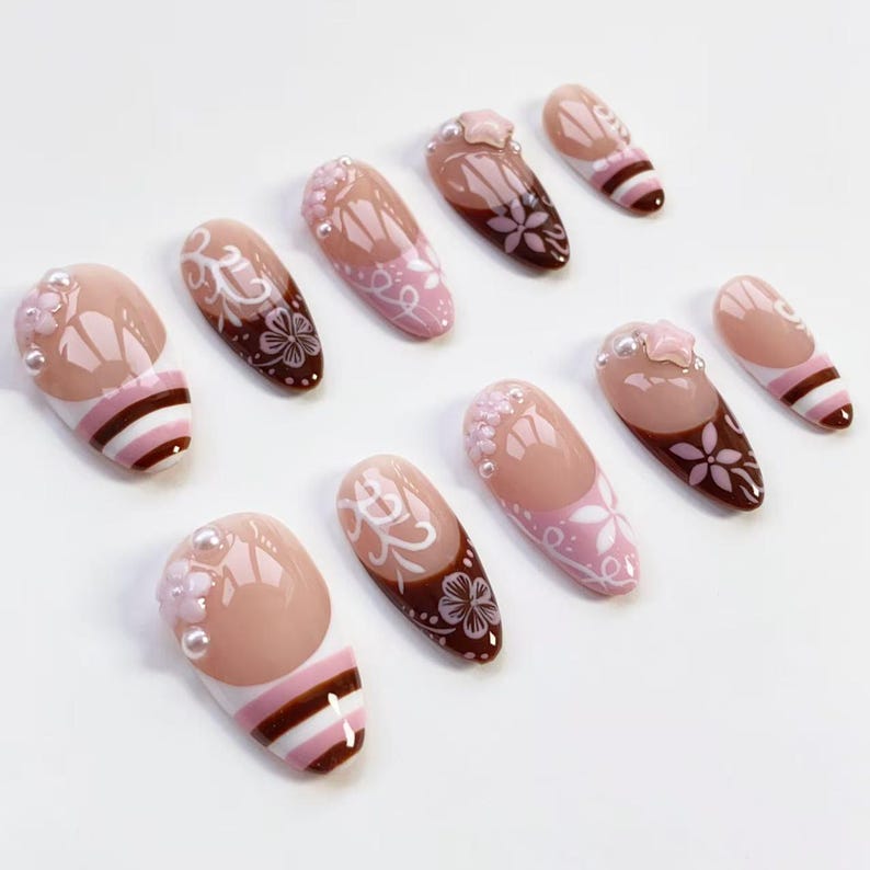 Cute Kawaii Nails/Pink Brown Striped French nails/Flower Nails/Holiday nails/Pink Press on nails Long almond nails/Y2k Nails/Holiday Nails image 8