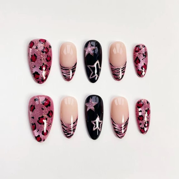 Y2K Glitter pink leopard print nails/press on nails long almond nails/Y2K nails/Pink star nails/Black zebra-striped nails/Birthday nails