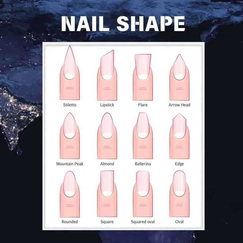 May include: A chart titled NAIL SHAPE displaying twelve illustrations of fingernails with different shapes, labeled Stiletto, Lipstick, Flare, Arrow Head, Mountain Peak, Almond, Ballerina, Edge, Rounded, Square, Squared oval, and Oval.