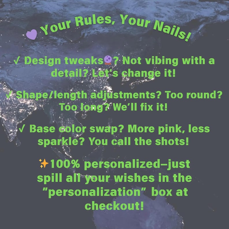 Puede incluir: Imagen con texto: "&iexcl;Tus reglas, tus u&ntilde;as!" y vi&ntilde;etas sobre ajustes de dise&ntilde;o, ajustes de forma/longitud y cambios de color base. Tambi&eacute;n menciona personalizaci&oacute;n al 100% y un cuadro de "personalizaci&oacute;n" al finalizar la compra.