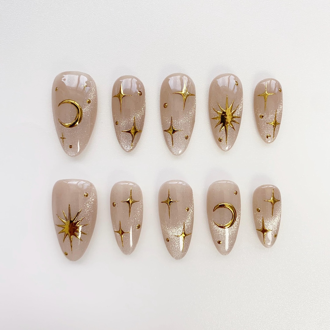 Aura Press on Nails Long Almond Nails/moon&sun Starnails/cat Eye Nails/aura Nails/gyaru Nails/gothic Nails/black Nails/birthday Nails - Etsy Japan