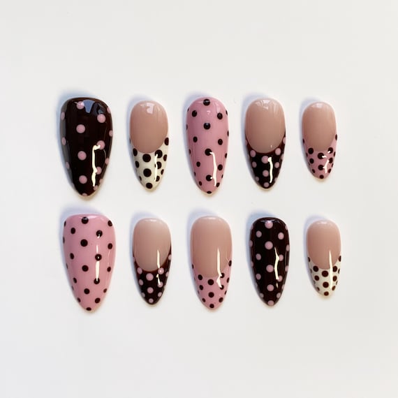 Cute Polka Dot Nails/Pink Nails/Brown Press on nails long almond nails/Kawaii Nails/Fall Nails/Birthday Nails/French Cute Nails Custom Nails