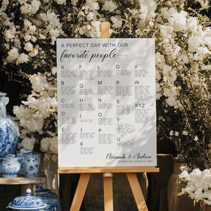 Plano de asientos para bodas, plantilla de plano de asientos alfabético, plano de asientos minimalista, nuestras personas favoritas, plantilla de letrero de boda