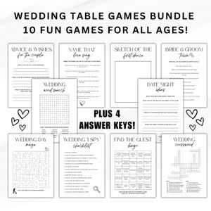 Juegos de mesa para bodas, crucigramas de boda, paquete de juegos para la recepción, consejos matrimoniales, ideas para una cita romántica, laberinto, sopa de letras, trivia, bingo de boda