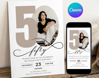 50th Birthday Invitation, Photo, Customizable Canva Template (Digital Download)