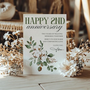 Regalo del segundo aniversario, aniversario de algodón, tarjeta de aniversario, regalos de aniversario, regalos para él, regalos para ella, tarjeta de aniversario imprimible