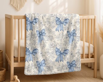 Blue Floral and Bow Blanket | Cozy Throw | Velveteen Plush Blanket | Girls Coquette and Flower Bedding