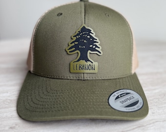Trucker Lebanon Hat With Leatherette Patch - Unisex Tree Of Lebanon Cap In Three Color