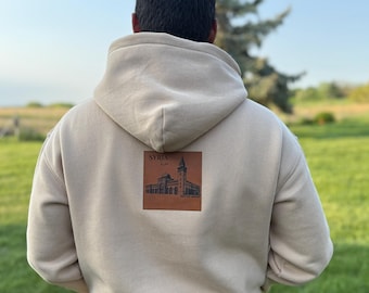 Syria Unisex Hoodie with Leatherette Patch - Umayyad Mosque Map Pullover Hoodie