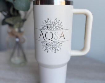 Custom 40oz Tumbler with Handle & Straw: Laser-Engraved Floral Design