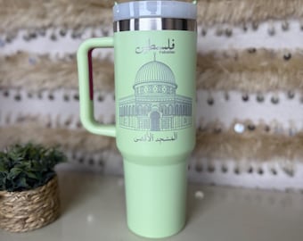 Dome of the Rock Engraved Tumbler: 40oz Stainless Steel with Handle & Straw