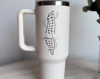 Engraved Palestine Map Tumbler 40oz - Stainless Steel with Handle & Straw