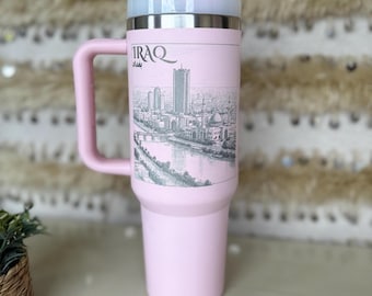 Engraved Baghdad Iraq Tumbler: 40oz Travel Cup with Handle & Straw