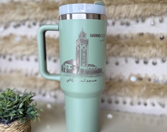 40oz Engraved Tumbler With Handle - Morocco Casablanca Metal Laser Double Wall Straw Tumbler