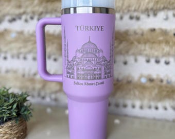 40oz Engraved Tumbler With Handle - Turkey Metal Laser Double Wall Straw Tumbler