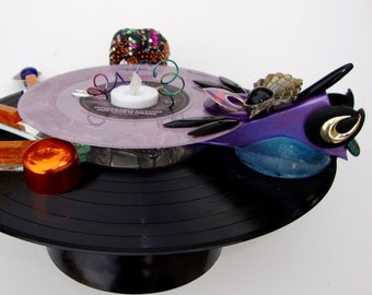 PURPLE VINYL Record Art Candle Holder Handmade Assemblage "Our Love Is Insane" Elephant Fertility Vintage Materials MCM Base Desmond Child