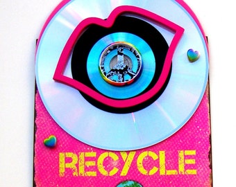 PEACE LOVE RECYCLE Metal 3D Wall Art Repurpose Materials Vintage Rare Pink Vinyl Record Mirror Laser Disc Environmental Earth Indoor Outdoor