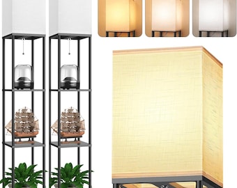 Floor Lamp with Shelves for Living Room 2 Pack, Shelf Floor Lamp with 3 LED Bulb, Tower Nightstand with White Linen Shade for Bedroom