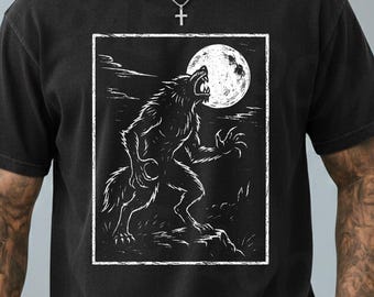 Vintage Werewolf Woodcut Shirt, Gothic Wolf Graphic Tee, Dark Forest Horror Shirt, Retro Spooky Creature Tee