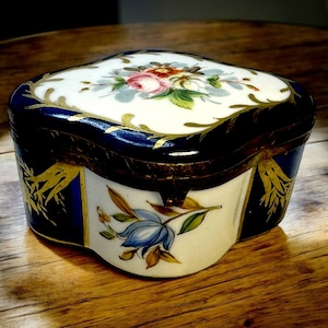 Vintage Hand Painted Porcelain Trinket Box with Floral Design Blue Gold Detail 1970s Portugal Keepsake Box elegant gift