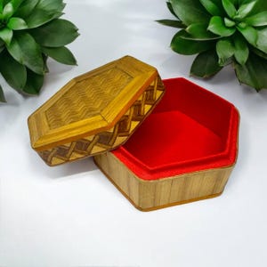 Vintage Hexagonal Rattan Bamboo Jewelry Box with Red Fabric Lining – Handmade Boho Storage for Trinkets, Rings, Keepsakes