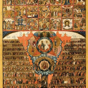 Orthodox Icon of the Synaxis of All Saints with Feasts Scenes | Complex Multi-Figure Handmade Wooden Religious Wall Art | 19th Century Style