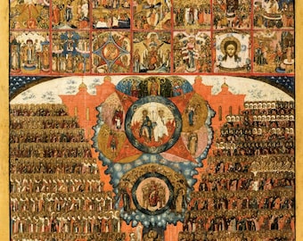 May include: A large, rectangular religious icon painting featuring a grid of numerous small, detailed scenes at the top and a central composition below showing a multitude of figures, circular motifs, and architectural elements in gold, red, and blue.