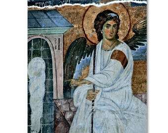 Icono del Ángel Blanco hecho a mano: Arte ortodoxo serbio, fresco de la Resurrección