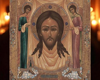 Mandylion Icon: Jesus Christ 'The Mandylion' Ubrus with two Angels, Christian Art
