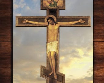 Icône de la crucifixion orthodoxe : Jésus-Christ, Dieu le Père - Art mural religieux