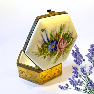 Vintage Hexagon Porcelain Trinket Box Hand Painted Flowers Signed Artist Brass Metal Base 1970s Portugal Keepsake Box