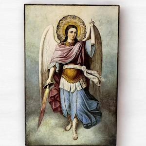 Vintage St Michael Archangel Icon - Fiery Sword Orthodox Art on Wood Panel 19x13 cm - Byzantine Style Warrior Saint For Spiritual Protection