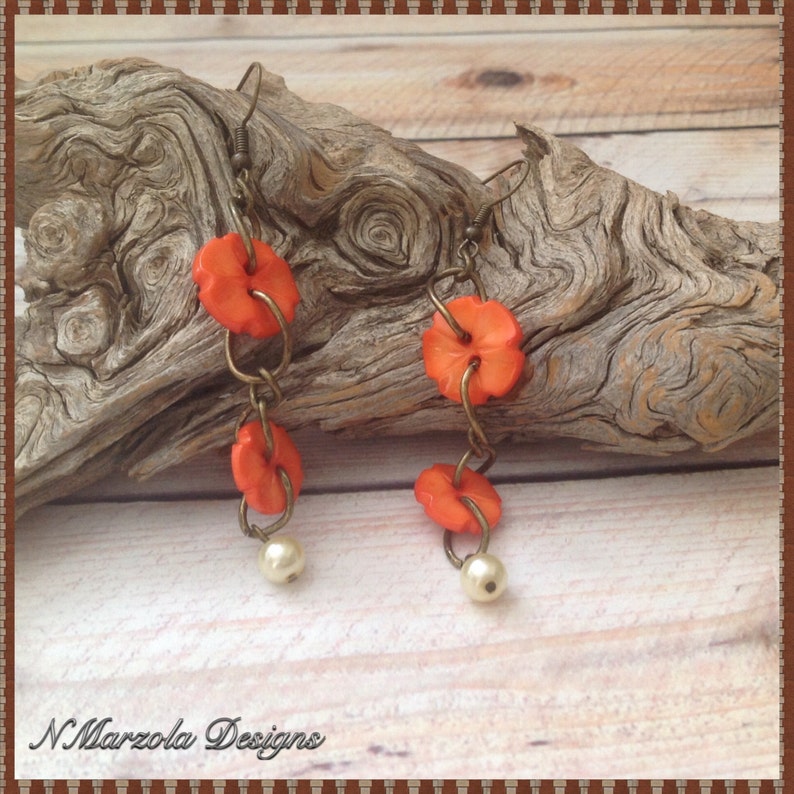Button and Pearl Earrings Orange Button Earrings Flower Etsy
