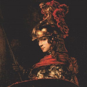 May include: A painting of a figure wearing a metallic helmet adorned with a red plume, featuring intricate gold detailing. The figure is dressed in dark armor with a red fabric draped over the shoulders, holding a long staff against a dark background.