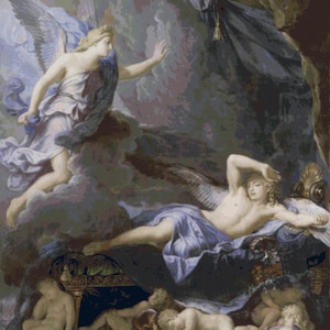 Può includere: Un dipinto a olio che raffigura una figura alata in vesti chiare che fluttua sopra una figura alata sdraiata che riposa su un letto scuro. Diversi piccoli neonati alati dormono a terra, circondati da ombre scure e drappeggi di tessuto blu.