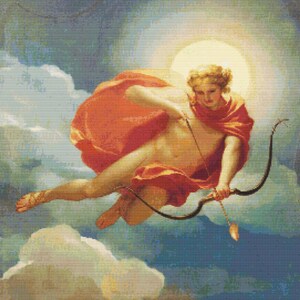 May include: A cross-stitch pattern depicting a figure with curly hair flying through a blue sky with white clouds. The figure wears a flowing red garment and holds a dark bow with an arrow, positioned against a bright, circular light source.