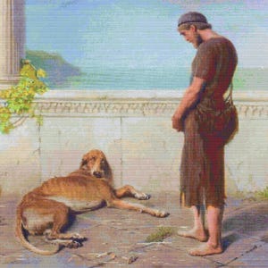 Puede incluir: Un patrón de punto de cruz que representa a una persona con túnica marrón de pie descalza sobre una terraza de piedra junto a un perro marrón tumbado. La escena incluye una balaustrada de piedra blanca, una columna clásica y follaje verde.
