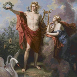 May include: A classical oil painting depicting a fair-haired figure standing in a red drape, holding a laurel wreath, with a lyre and quiver of arrows. Beside them, a figure in a blue garment rests on a cloud, with two white swans in the foreground.
