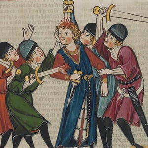May include: A medieval manuscript illustration depicting a central figure in a blue tunic being attacked by four individuals wearing tunics in red and green, holding swords and daggers, with text visible in the background behind the figures.