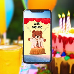 Canva verjaardagskaartsjabloon, voor moeders, aanpasbaar, digitaal, bewerkbare tekst, direct downloaden, bloem, teddybeer, kaars, ballonnen