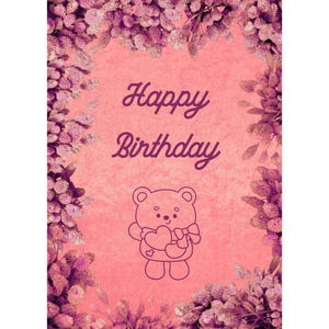 Verjaardagskaart canvassjabloon, teddybeer, harten, bloemen, bewerkbare tekst, harten voor je vriend of familielid, harten