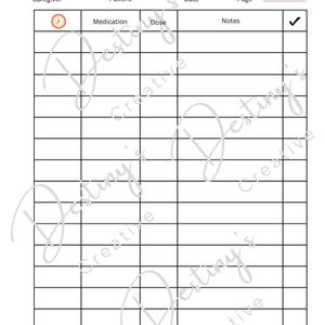 May include: A black and white printable daily medication schedule with sections for caregiver, patient, date, page, medication, dose, and notes. The schedule has a checkmark in the top right corner.