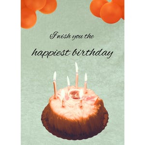 Canva verjaardagskaartsjabloon, afbeelding taart en kaars, bloemen, bewerkbare tekst, voor vriend of familielid, ballonnen