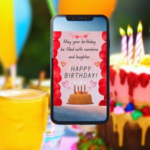 Canva verjaardagskaartsjabloon, digitaal, ballonnen, harten, bloemen, bewerkbare tekst, voor je vriend of familielid, roze, zon, lachen
